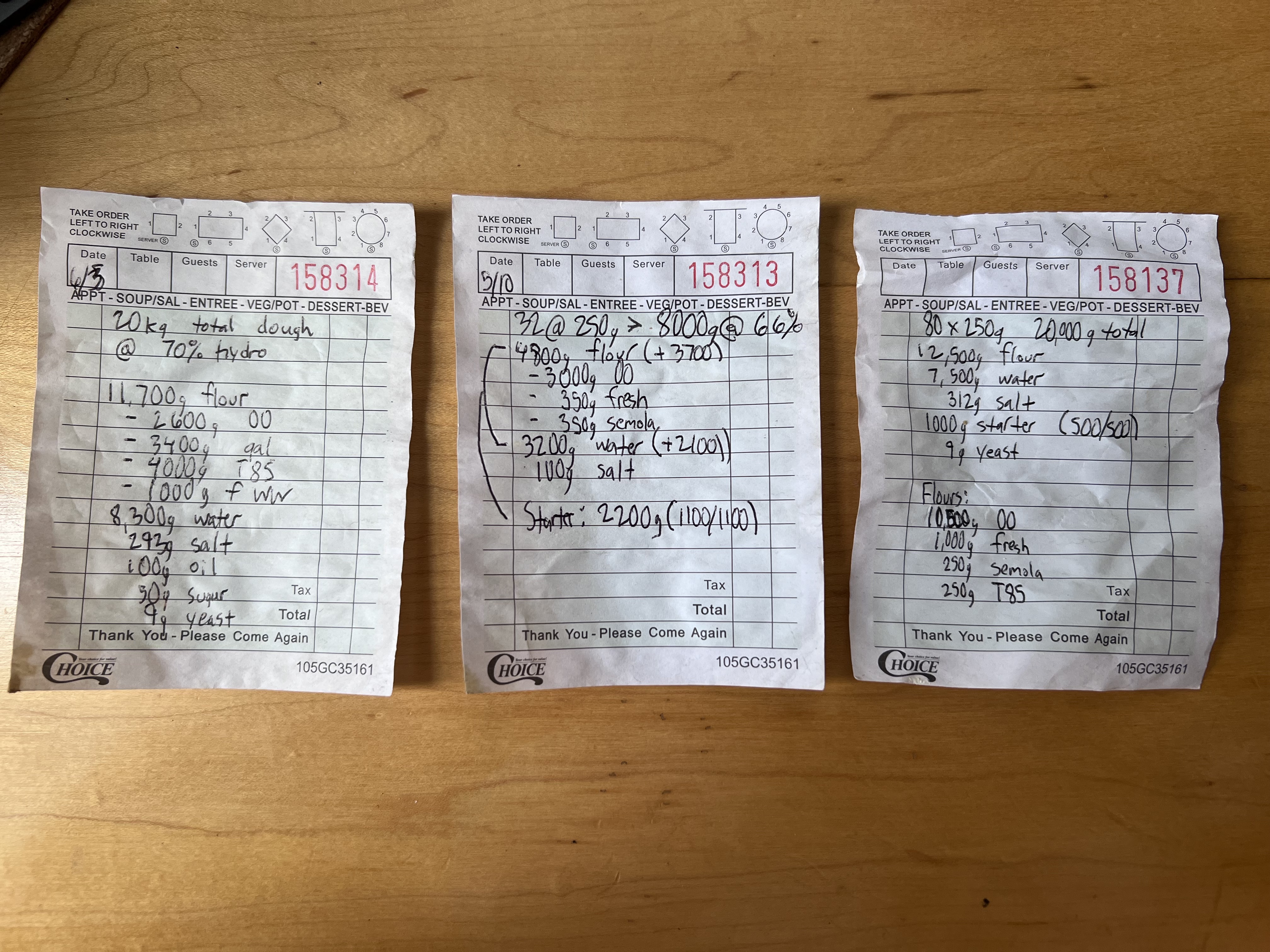 Original dough formulas written on restaurant guest checks